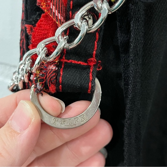Tripp NYC Black And Red Plaid Lace-Up Chain Pants Gothic Chain Wide Leg Jeans - Picture 11 of 16